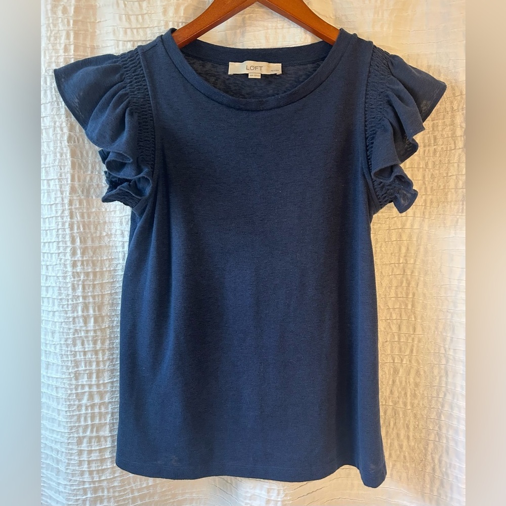 LOFT Navy Ruffle-Sleeve Short Sleeve Tee